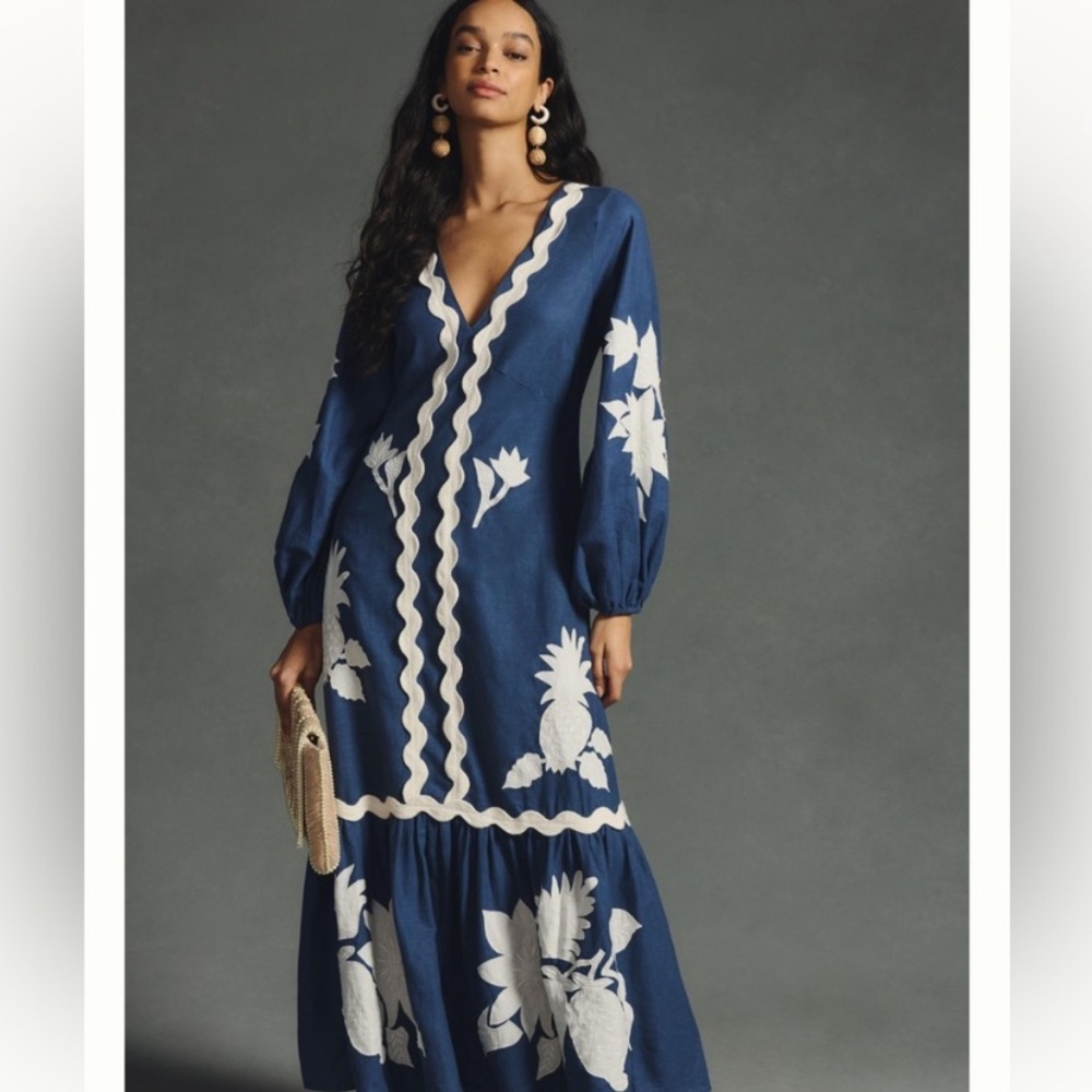 Farm Rio Embroidered Long-Sleeve Dress Size small  Blue